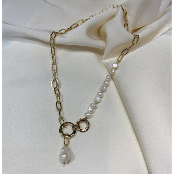 New 18K Gold Plated  Natural  Pearl Circle Link Chain Pendant Choker Necklace - Picture 7 of 14